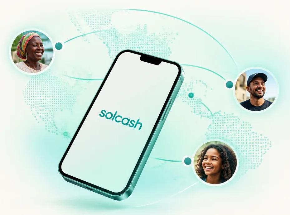 A phone showing the SolCash app, connected to people in different countries